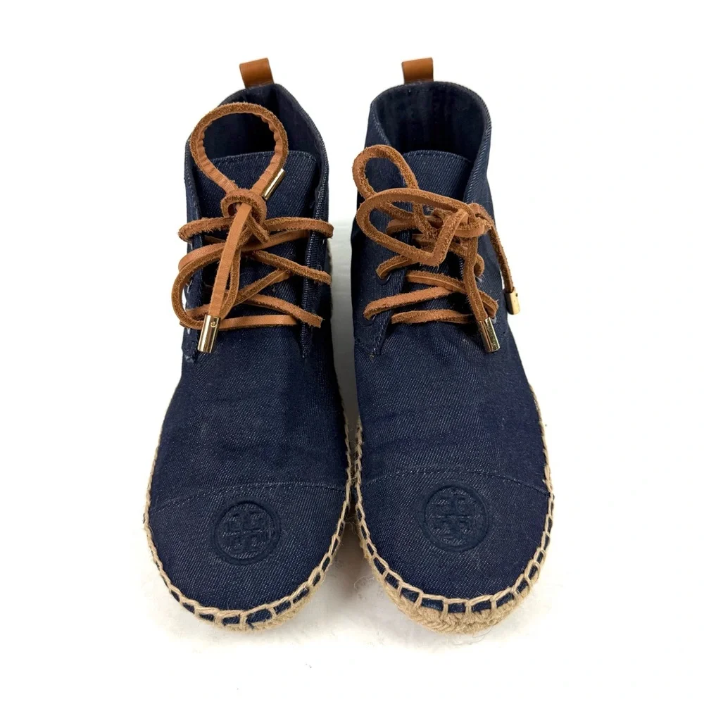 Tory‎ Burch High Top Denim Espadrille Shoes 8 Lace Up Bootie Womens Designer